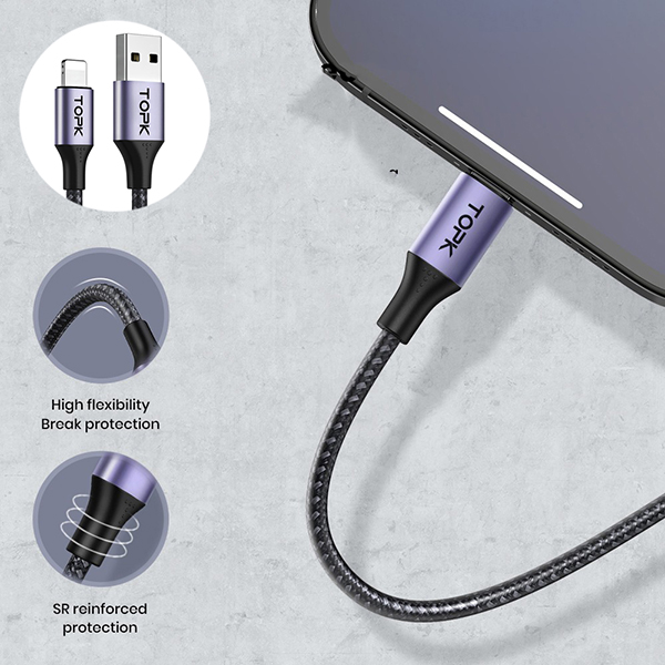 Dây cáp sạc chính hãng TOPK AN10 cổng Micro USB, Type C, Lightning tiện lợi