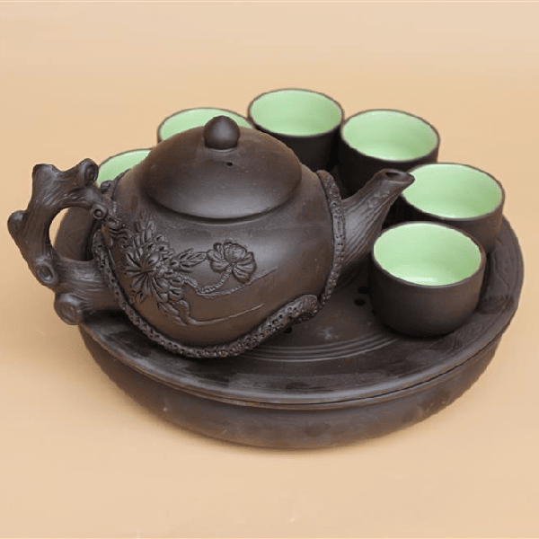 Bộ ấm trà gốm Bát Tràng cao cấp màu đen lòng xanh BA607